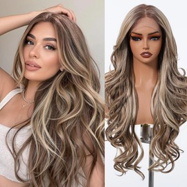 testar Brown Wigs Lace Front Wig Ready to Wear 13x6 HD Glueless Wave Lace Wig for White Women Heat Resistant Synthetic Fiber Wig Long Wavy Wig Natural Black (28 Inch)