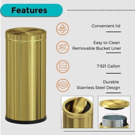 YOJIA 7.92 gallon/30L Kitchen Trash Can with Lid, Tall Slim, Elegant, Gold, Brushed Stainless Steel Garbage Can for Office, Hotel, Kitchen (30Lgold)