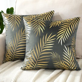 JOTOM Set of 2 Cushion Covers 50x50cm Velvet Decor Throw Pillow Covers Gold Leaves Decorative Pillow Cases Bronzing Flannelette Cushion Cover for Couch Bedroom Sofa Car Home Living Room Decor (Grey)