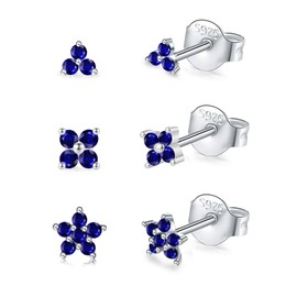 3 Pairs Sterling Silver Stud Earrings for Women Girls, Small Simulated Diamond Earring Sapphire Cubic Zirconia Flower Stud Earrings Hypoallergenic Sleeper Earrings Set for Multiple Pirercing, 3/4/5 mm
