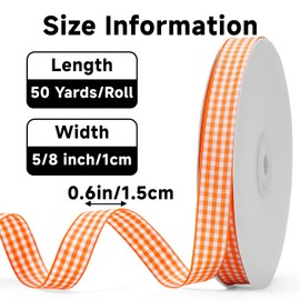 KINGLAKE Orange Gingham Ribbon - 5/8'' x 50 Yards Orange and White Ribbon for Gift Wrapping, Polyester Plaid Buffalo Checkered Ribbons for Crafts, Picnic and Party Decoration