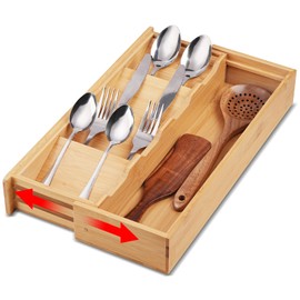 Bamboo Kitchen Drawer Organizer, Expandable Silverware Organizer, Utensil Holder, Cutlery Tray Spoon Flatware Storage with Drawer Dividers