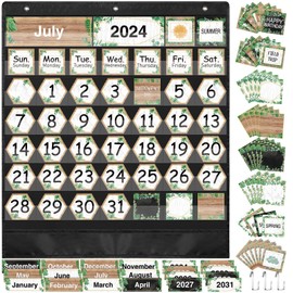 Fulmoon 119 Pcs Greenery Classroom Calendar Pocket Chart Set Calendar Bulletin Board Set with Pocket Seasons Festival Weather Calendar Pocket Chart for Classroom Decoration Back to Pocket Charts