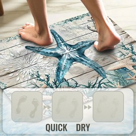 Beach Starfish Bathroom Mat Quick-Drying Non-Slip Rubber Bath Mats Super Absorbent Nautical Coral Wooden Plank Bath Mat Instant Dry Bathroom Rug Kitchen Sink, Shower Room, Bathtub,30"x20"