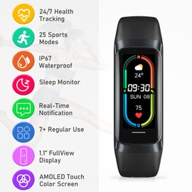 Fitness Tracker, Fitness Watch with 24/7 Heart Rate, Blood Pressure, Sleep Tracking, Calories, Activity Tracker with 1.1" AMOLED Screen, Waterproof Step Tracker for Android iPhones Women Men, Black