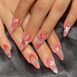 TBRZTR Thanksgiving Press on Nails Medium Length Almond Shaped Fall Maple Leaves False Nails with Lines Design Red Smudge French Coffin Nails Full Cover Acrylic Nails Reusable Glue on Nails for Women