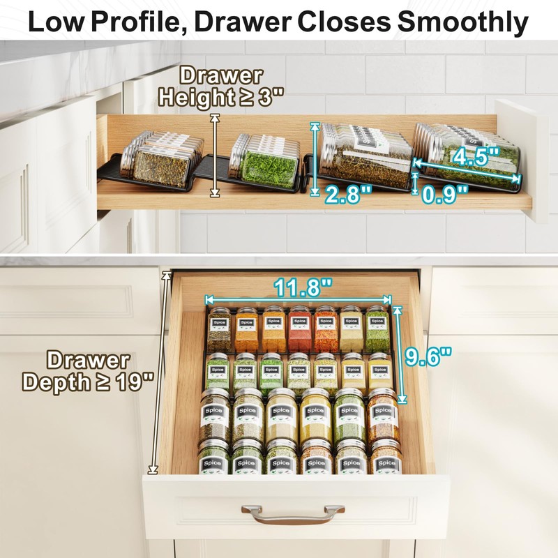 iSPECLE 4 Pack Spice Drawer Organizer - Low Profile Rack