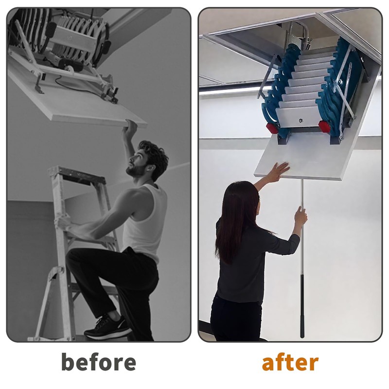 Attic Pull-Down Hook Kit with Adjustable Telescopic Rod and Ladder