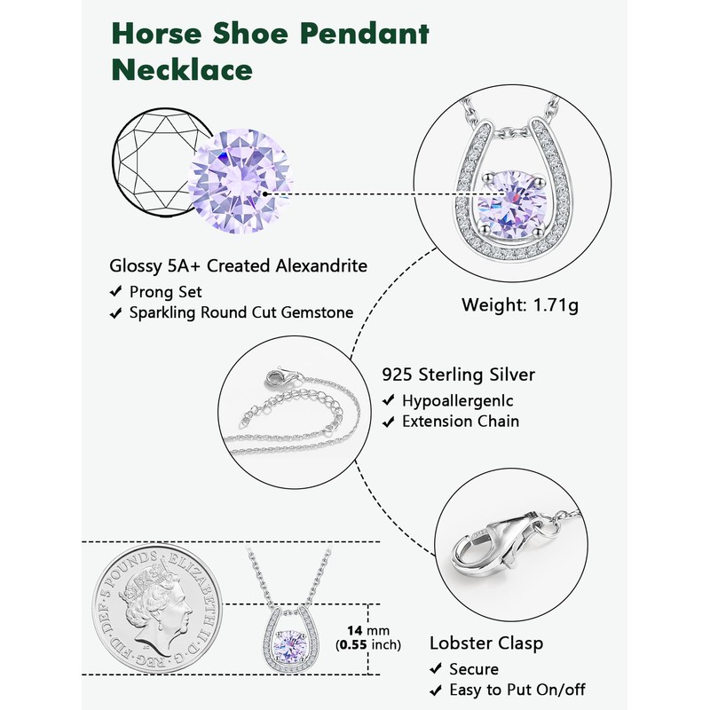 RANDES Alexandrite Horse Shoe Pendant Birthstone Jewelry for Women Sterling