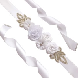 Kumeng Sash Belt with Flowers Pearls Rhinestone for Wedding Bride/Baby Shower Dress Flower Girls Sash Belt Headband Set, 1-white, Medium