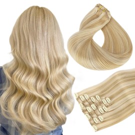 Clip in Hair Extensions, hotbanana Dirty Blonde Mixed Bleach Blonde Clip in Hair Extensions Real Human Hair Straight Remy Hair Clip in Hair Extensions 14 inch 120g 7pcs