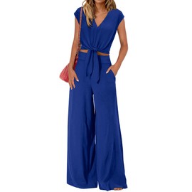 PRETTYGARDEN Women's Summer 2 Piece Outfits 2025 Cap Sleeve V Neck Belted Crop Tops Wide Leg Pant Sets Casual Tracksuit, Solid Royal Blue, X-Large