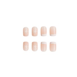 Christmas Press on Nails Short Square Petite Winter Fake Nails Nude Full Cover White Snowflake False Nails with Designs French Tip Acrylic Nails Manicure Xmas Artificial Nails for Women Girls 24Pcs