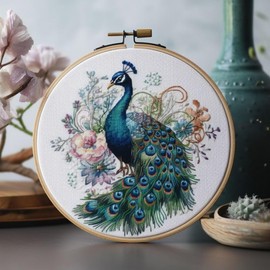 Counted Easy Cross Stitch Kits Peacock Color Stamped Embroidery for Starter Kits DIY 11CT Stamped Patterns Embroidery Needlework Kit Supplies 12 Inch Hoop Included(121-P)