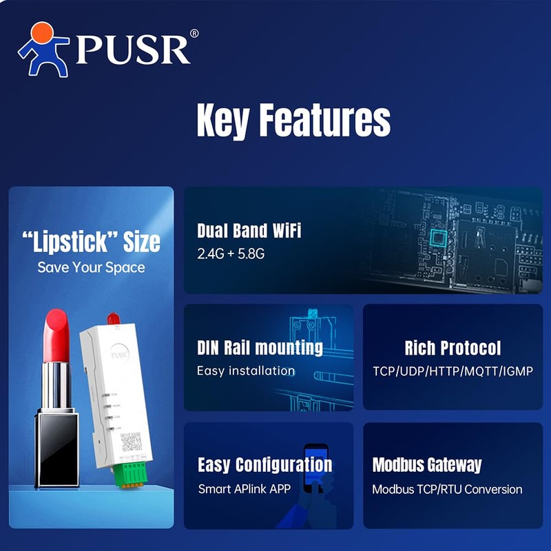 PUSR Din Rail Serial to Dual Band WiFi RS485 to