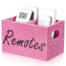 MotiMind Bling Rhinestone Remote Control Holder Crushed Diamond 2 Compartment Wooden TV Remote Caddy Holder Organizer Storage Box for Table Nightstand with and Label, Sparkly Gifts for Women(Pink)