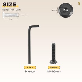 METALLIXITY Flat Head Hex Socket Cap Screws Bolts(M6-1x30) 20Pcs, with Wrench Steel Hex Socket Furniture Bolts Countersunk Screws - for Furniture Woodworking Project, Black Tone