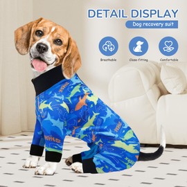 Pawcomon Dog Onesie After Surgery Recovery Suit Shed Defender Dog Suit for Small Miedium Large Female Male Neuter Dogs Shark Letter L
