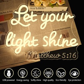 Let Your Light Shine Neon Sign for Wall Decor Jesus Led Sign Religious Neon Light Christian Room Decoration Bible Verse Light Up Sign for Home Prayer Room Easter Church Bedroom