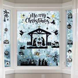 DPKOW Christmas Window Stickers Christmas Nativity Scene Window Clings Christmas Xmas Window Stickers Reusable, 9 Sheets Religous Christmas Window Decorations, Christian Christmas Decorations Indoor