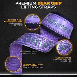 BEAR GRIP Straps - Premium Neoprene padded Heavy Duty double stitched weight lifting gym straps, Gel grip, 100% cotton, Extra long length (Pastel Purple)