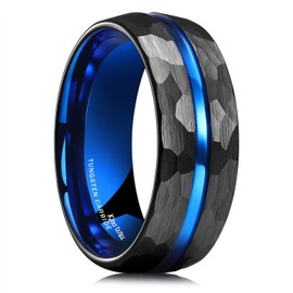 King Will 8mm Tungsten Wedding Rings for Men Blue Black Plated Hammered Texture Men's Wedding Band Groove Line Ring Gifts for Him Size 7-14 Comfort Fit丨Craftsman Collection 10