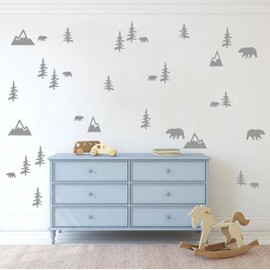 ZzMY Wilderness Wall Decals Mountains Bears Trees Wall Stickers Vinyl Wall Art for Kids Room Nursery Decor Y93 (Gray)