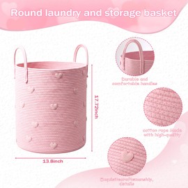 RattanView Pink Cotton Rope Laundry Basket Hamper Large Pink Heart Woven Basket 15 x 17.7 Inches Storage Hamper Bin for Girls Kids Baby Nursery Blanket Toys Clothes Organization