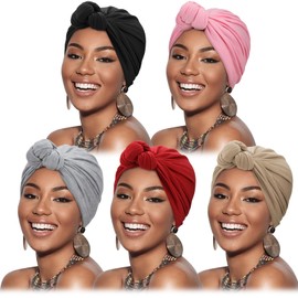DRESHOW 5 Pack Knotted Headwraps for Women African Turban Pre-Knotted Beanie Headwraps Hair Covers