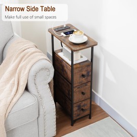 LOAKEKEL Narrow End Tables Living Room Set of 2 with Charging Station, Skinny Side Table with Fabric Drawers, Slim Nightstand for Bedroom, Small Spaces, Couch, Rustic Brown, HETNDP03PBR