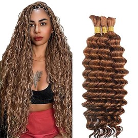 Hxxcoup Human Braiding Hair for Boho Braids, Deep Wave, Bulk Total 150 g, 3 Bundles, 18 18 18 Inches, Human Hair Extension, Unprocessed, No Weft, #30 Light Brown for Women