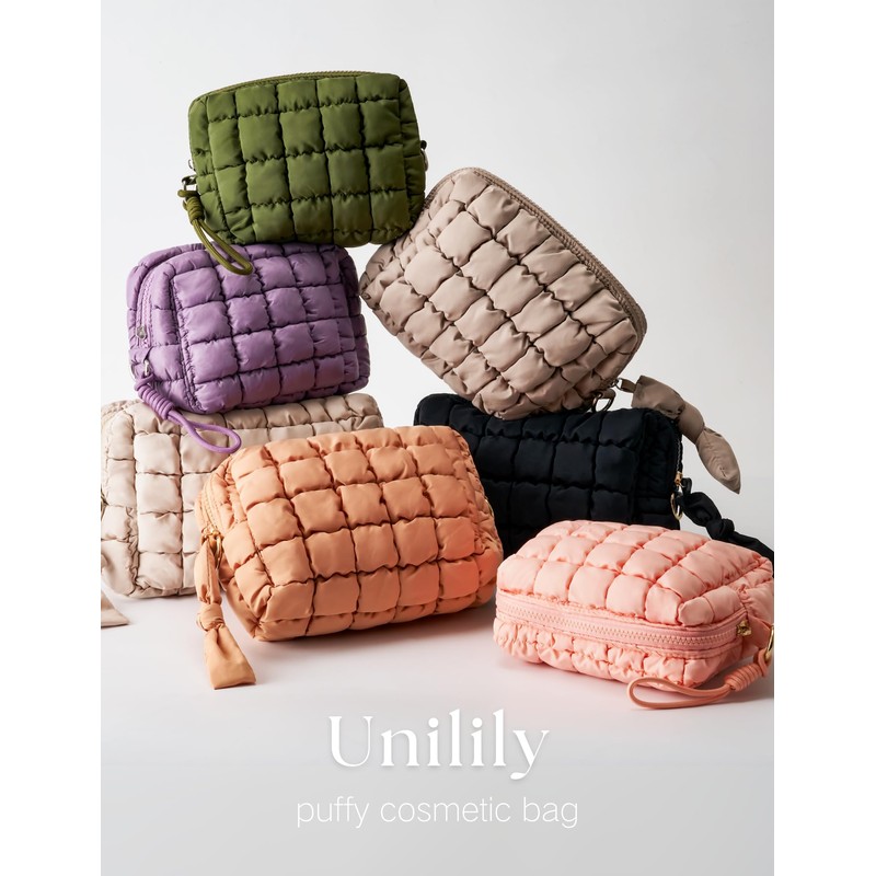 Unilily Puffy Cosmetic Bag for Women, Stone, Medium, Quilted Pattern