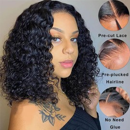 Tascal Wear and Go Glueless Wigs Human Hair Pre Plucked Pre Cut Lace Front Wigs for Black Women 180% Density 4x4 Deep Curly Bob Wig Human Hair (8 Inch)