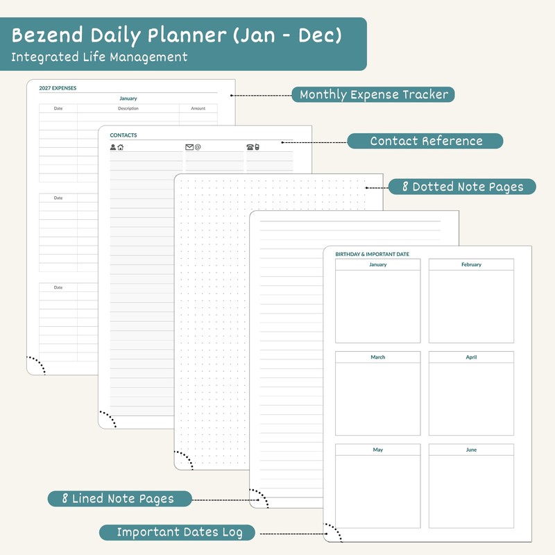 BEZEND 2027 Daily Planner (6" x 8.5") Full Page Per