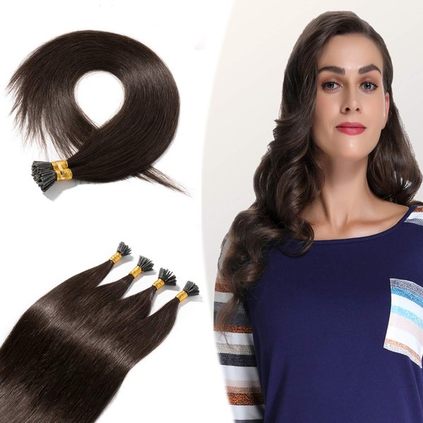 Pre Bonded Fusion Hair Extensions Remy Keratin Beads Invisible Itip Real Human Hair Extension Italian Stick Tipped Glue Hairpiede Salon Quality I Tip Hair For Women 16" 100 Strands 50g #02 Dark Brown