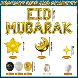 Pack of 43 Eid Mubarak Decoration Gold Eid Decoration Ramadan Balloons Bayram Decorative Balloons Set Foil Balloons Latex Balloons for Sugar Festival Muslim Ramadan Kareem Decoration