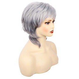 Short Curly Gray Wigs for Women Layered Pixie Cut Wigs with Bangs Silver Grey Short Natural Curly Wigs for White Women Synthetic Wigs