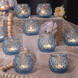 Generic DARJEN 12Pcs Blue Votive Candle Holders - Round Glass Candle Holders Bulk for Tea Light Candle, Diamond Texture Candle Votives for Wedding Centerpiece, Party & Home Decor