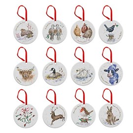 Portmeirion Home & Gifts WN4023-XG Wrendale 12 Days of Christmas Decorations, Bone China, Multi Coloured, 0.5 x 7 x 7 cm