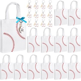 Sunnymove 12 Set Baseball Party Favors Gift Bags with Wood Keychains Candy Snack Goodie Cookies Stuff Bags Non-woven Baseball Party Favors Ball Bat Decorations Sports Birthday Event Supplies