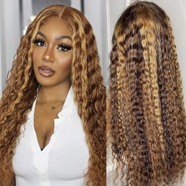 studyy 22 Inch 13x6 Highlight Ombre Deep Wave Human Hair Wig #4/27 Colored Glueless Wigs Water Wave Honey Blonde Curly Human Hair Wig for Women Natural Hairline with Baby Hair