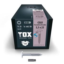 TOX Colr 113087415525/W Facade Screws, 5.5 x 25 mm, Screws for Facade Panels Made of A4 Stainless Steel with Coloured Flat Head, Corrosion and UV Resistant, Pack of 100 in Box Includes 1x Bit