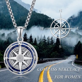 KINGWHYTE Compass Locket Necklace 925 Sterling Silver Compass Photo Pendant Compass Jewelry Gifts for Men Women(Blue Locket)
