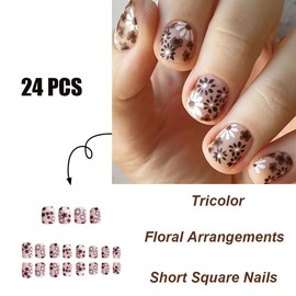 Flower Press on Nails Short Square White Brown Floral Fake Nails Stick on Nails Spring Summer Flowers False Nails for Women Nail Design Full Cover Acrylic Nails 24 Pcs