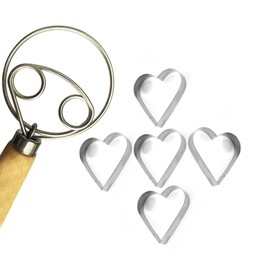 Danish Dough Whisk & 5 Heart Cookie Cutters Set - Stainless Steel Bread Mixer with Oak Handle, Heat-Resistant Baking Tools for Chefs & Bakers (Sourdough/Valentine's Baking Accessories)