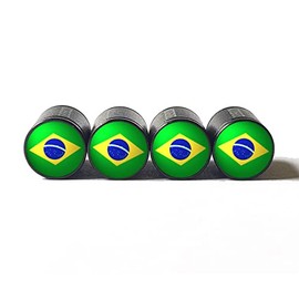 Brazil Flag Tire Valve Caps - Set of 4 - Black Aluminum - Fits on All Vehicles
