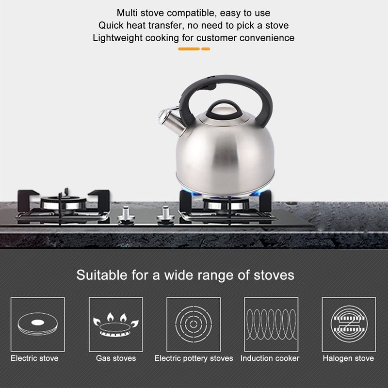 3L Stainless Steel Whistling Kettle with Insulated Handle, Quick Boiling