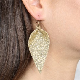 Sparkly Glitter Geometric Lightweight Simple Drop Statement Earrings - Bohemian Hook Dangles Faux Leather, Petal Leaf (Feather Dangles - Glitter Ivory)