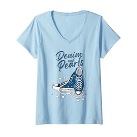 Womens Denim and Pearls Sneakers Jeans Lover Girls Teens Women V-Neck T-Shirt