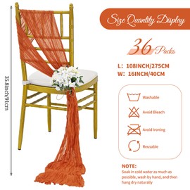 36 Pcs Burnt Orange Cheesecloth Chair Sashes, 16 x 108 inch Gauze Fabric Washable Chair Sashes Bows Designed for Aisle Decorations Universal Chair Cover Decor for Wedding Reception Party Banquet